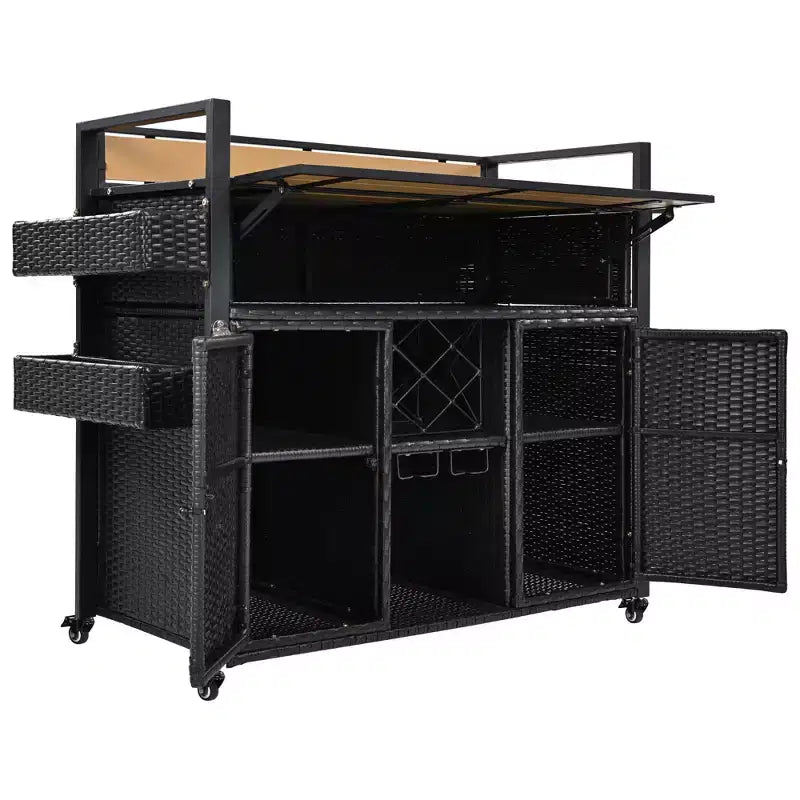 Chariot de grillades d'extérieur en osier de 52,8 po avec plateau de table extensible, îlot de cuisine roulant avec grand espace de rangement, étagères à épices et roues verrouillables - ModernLuxe