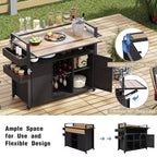 Chariot de grillades d'extérieur en osier de 52,8 po avec plateau de table extensible, îlot de cuisine roulant avec grand espace de rangement, étagères à épices et roues verrouillables - ModernLuxe
