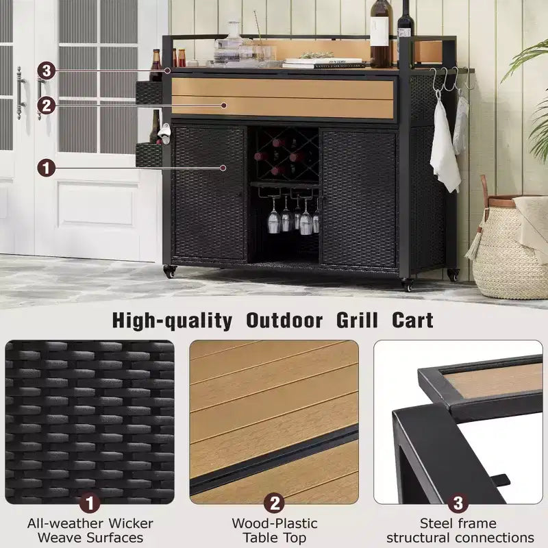 Chariot de grillades d'extérieur en osier de 52,8 po avec plateau de table extensible, îlot de cuisine roulant avec grand espace de rangement, étagères à épices et roues verrouillables - ModernLuxe