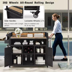 Chariot de grillades d'extérieur en osier de 52,8 po avec plateau de table extensible, îlot de cuisine roulant avec grand espace de rangement, étagères à épices et roues verrouillables - ModernLuxe