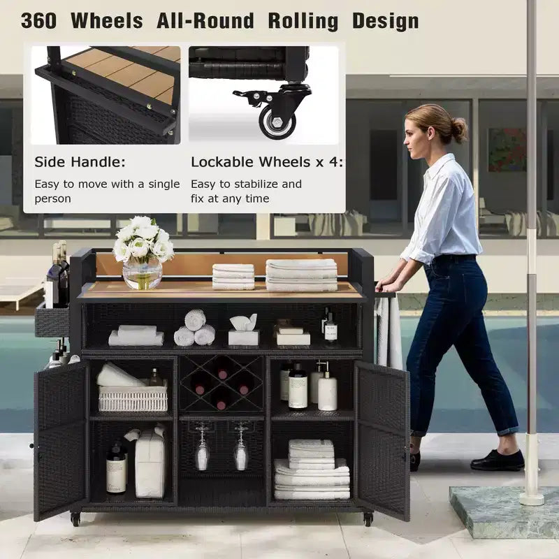 Chariot de grillades d'extérieur en osier de 52,8 po avec plateau de table extensible, îlot de cuisine roulant avec grand espace de rangement, étagères à épices et roues verrouillables - ModernLuxe
