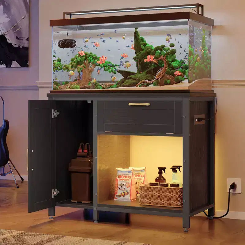 Meuble d'aquarium en bois Bestier de 40 à 50 gallons avec meuble de rangement et prises de courant, lumière LED, capacité de 300 kg, noir