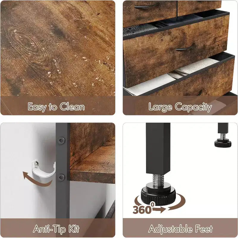 Garvee Commode à 5 tiroirs pour Chambre à Coucher – Tour de rangement en tissu avec plateau en bois, cadre en acier robuste, commodes à poignée facile à tirer