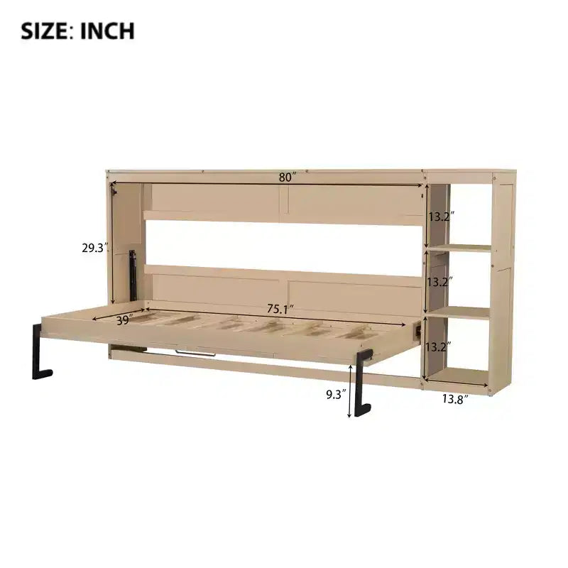 Lit escamotable simple Whisen avec étagère et rangement intégrés – Design LVL/MDF robuste et peu encombrant, pas besoin de sommier tapissier