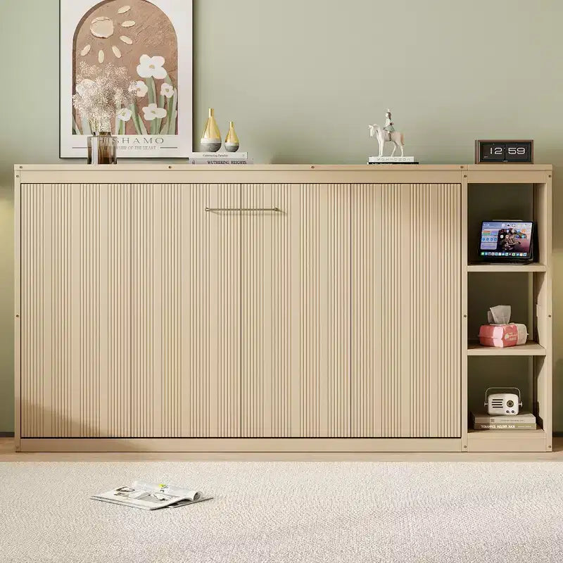 Lit escamotable simple Whisen avec étagère et rangement intégrés – Design LVL/MDF robuste et peu encombrant, pas besoin de sommier tapissier