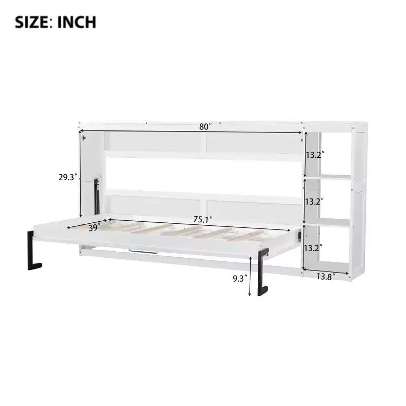 Lit escamotable simple Whisen avec étagère et rangement intégrés – Design LVL/MDF robuste et peu encombrant, pas besoin de sommier tapissier