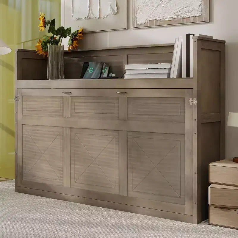 Lit escamotable simple Whisen avec étagère et rangement intégrés – Design LVL/MDF robuste et peu encombrant, pas besoin de sommier tapissier