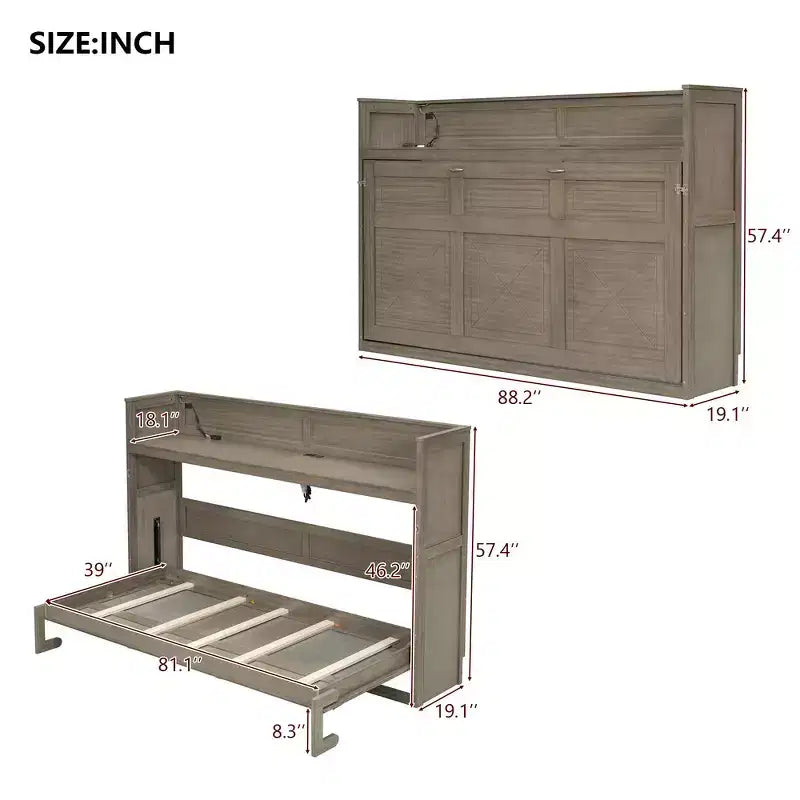 Lit escamotable simple Whisen avec étagère et rangement intégrés – Design LVL/MDF robuste et peu encombrant, pas besoin de sommier tapissier