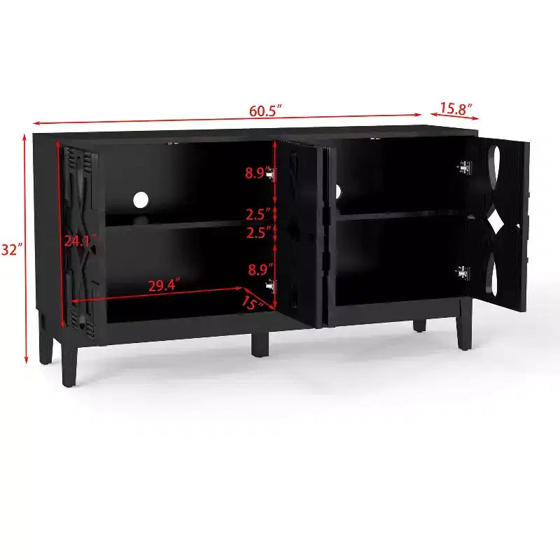 Buffet de rangement, Enfilade scandinave moderne, Buffet de service avec 4 portes creuses et étagères réglables