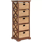 eHemco Hampton Meadows 5 Tier X-Side End Storage Cabinet with 5 Water Hyacinth Natural Wicker Baskets