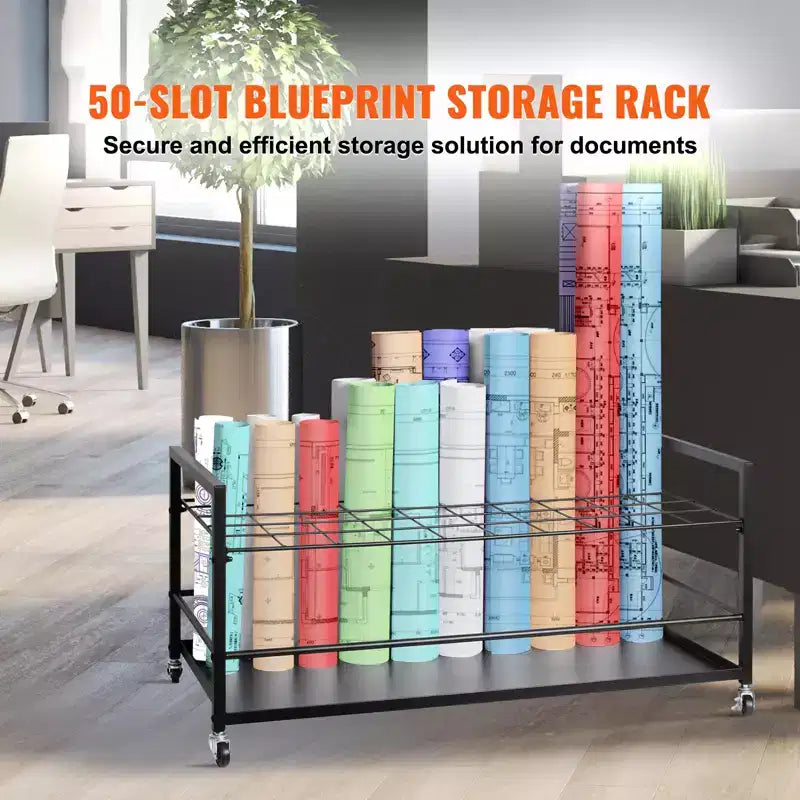 Chariot de rangement VEVOR pour plans, support de plans à 50 compartiments avec roues, chariot de rangement mobile en métal pour plans de construction, cartes et affiches architecturales
