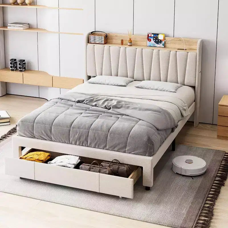 Cadre de lit King Size avec tête de lit de rangement, station de charge, plateforme rembourrée avec tiroirs, lattes en bois robustes, sans sommier tapissier, gris clair