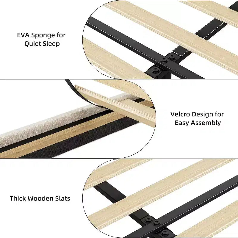 Cadre de lit King Size avec tête de lit de rangement, station de charge, plateforme rembourrée avec tiroirs, lattes en bois robustes, sans sommier tapissier, gris clair