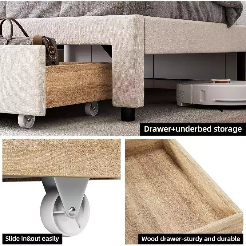 Cadre de lit King Size avec tête de lit de rangement, station de charge, plateforme rembourrée avec tiroirs, lattes en bois robustes, sans sommier tapissier, gris clair