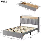 Cadre de lit King Size avec tête de lit de rangement, station de charge, plateforme rembourrée avec tiroirs, lattes en bois robustes, sans sommier tapissier, gris clair
