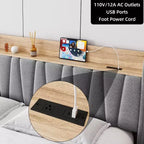 Cadre de lit King Size avec tête de lit de rangement, station de charge, plateforme rembourrée avec tiroirs, lattes en bois robustes, sans sommier tapissier, gris clair