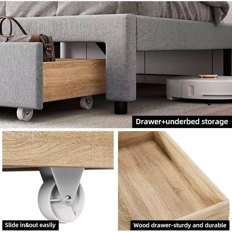 Cadre de lit King Size avec tête de lit de rangement, station de charge, plateforme rembourrée avec tiroirs, lattes en bois robustes, sans sommier tapissier, gris clair