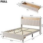 Cadre de lit King Size avec tête de lit de rangement, station de charge, plateforme rembourrée avec tiroirs, lattes en bois robustes, sans sommier tapissier, gris clair