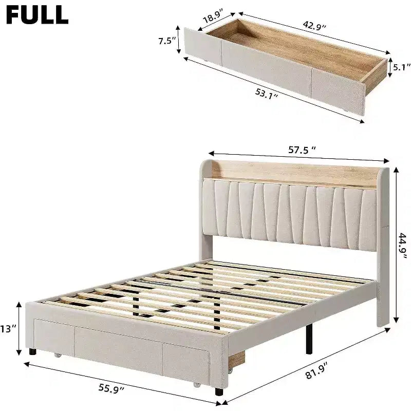 Cadre de lit King Size avec tête de lit de rangement, station de charge, plateforme rembourrée avec tiroirs, lattes en bois robustes, sans sommier tapissier, gris clair