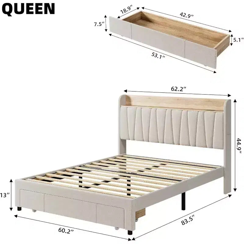 Cadre de lit King Size avec tête de lit de rangement, station de charge, plateforme rembourrée avec tiroirs, lattes en bois robustes, sans sommier tapissier, gris clair