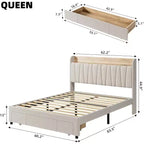 Cadre de lit King Size avec tête de lit de rangement, station de charge, plateforme rembourrée avec tiroirs, lattes en bois robustes, sans sommier tapissier, gris clair