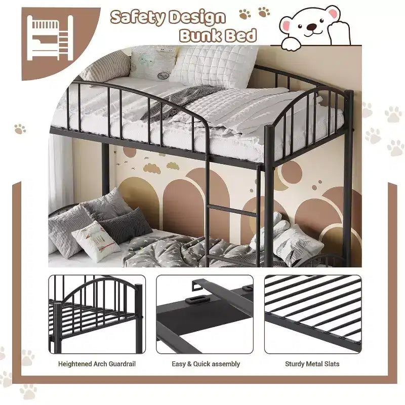 Lit superposé en métal une place sur une place, cadre robuste avec barrières de sécurité arquées et échelle, conception en acier solide pour enfants, aucun sommier tapissier requis.