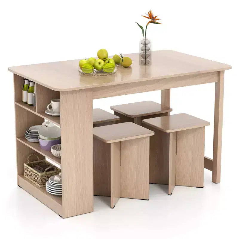 Costway 5 PCS Dining Table Set with Storage Shelf Rectangular Kitchen Table with 4 Stools Beige/Gray