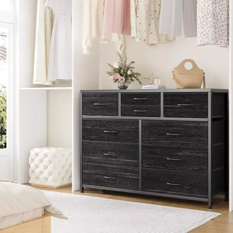 Acekool Commode à 10 tiroirs Meuble TV pour téléviseur 55 pouces, Unité de rangement pour chambre ou salon, Noir