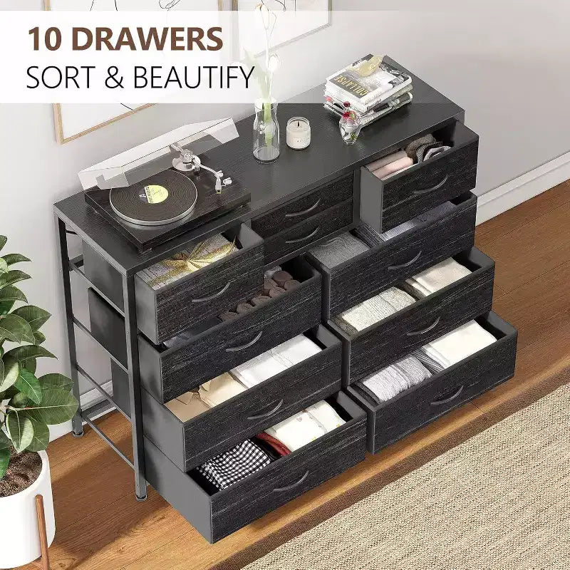 Acekool Commode à 10 tiroirs Meuble TV pour téléviseur 55 pouces, Unité de rangement pour chambre ou salon, Noir