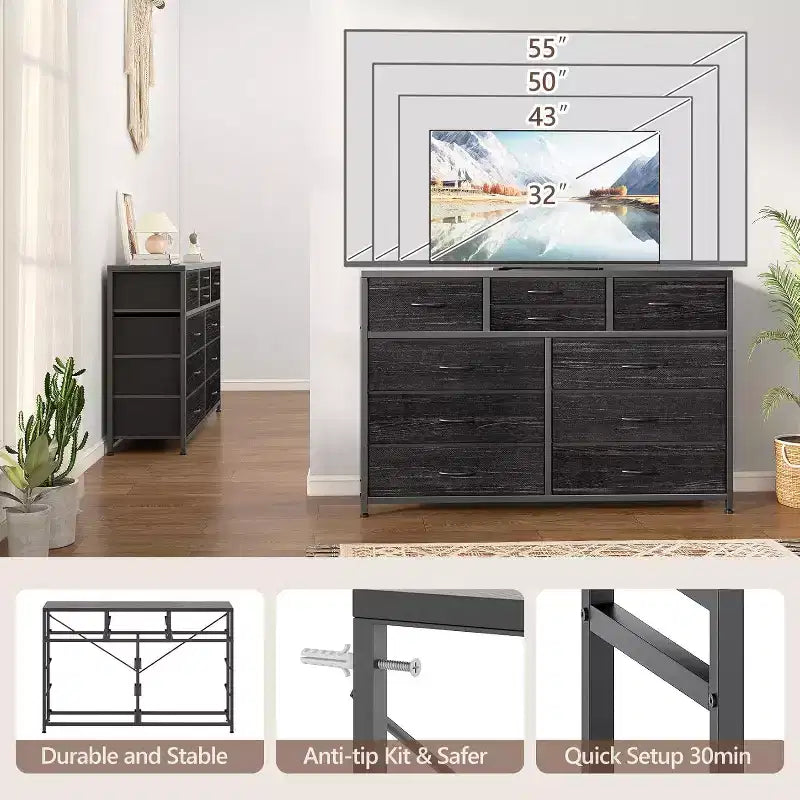Acekool Commode à 10 tiroirs Meuble TV pour téléviseur 55 pouces, Unité de rangement pour chambre ou salon, Noir
