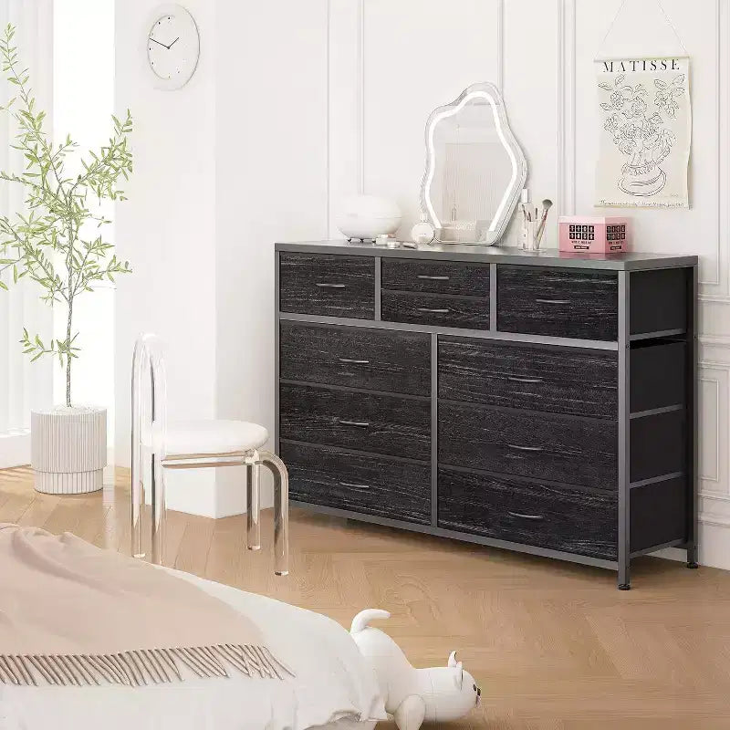 Acekool Commode à 10 tiroirs Meuble TV pour téléviseur 55 pouces, Unité de rangement pour chambre ou salon, Noir