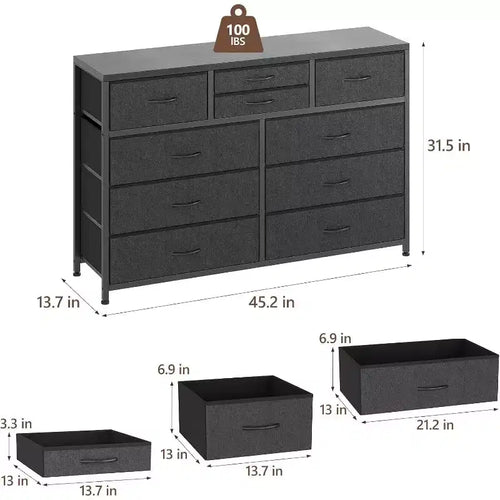 Acekool Commode à 10 tiroirs Meuble TV pour téléviseur 55 pouces, Unité de rangement pour chambre ou salon, Noir