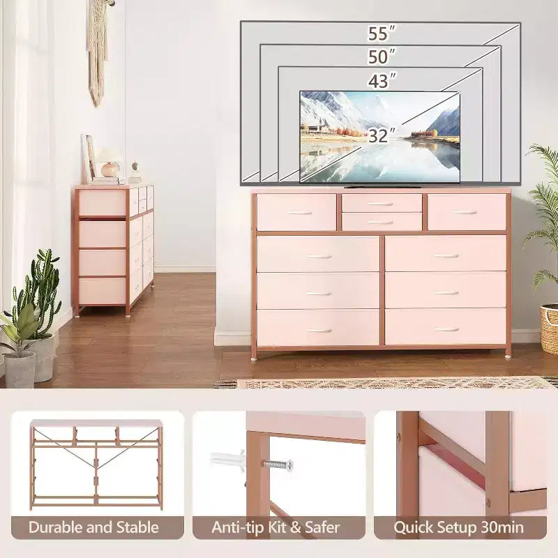 Acekool Commode à 10 tiroirs Meuble TV pour téléviseur 55 pouces, Unité de rangement pour chambre ou salon, Noir