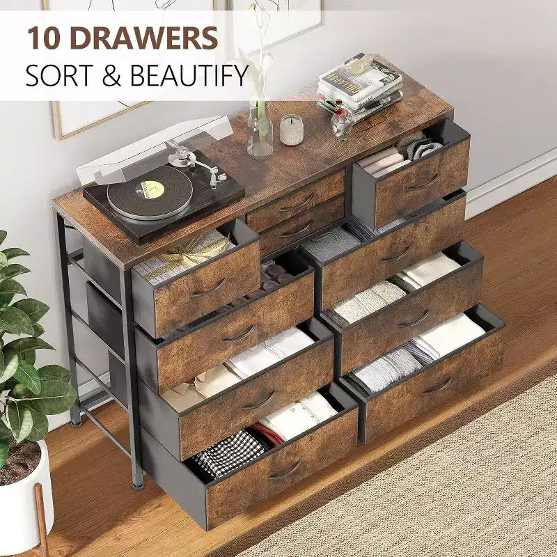 Acekool Commode à 10 tiroirs Meuble TV pour téléviseur 55 pouces, Unité de rangement pour chambre ou salon, Noir