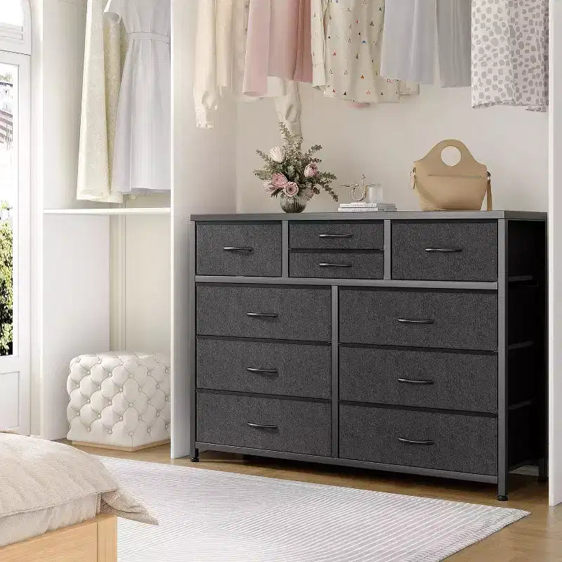 Acekool Commode à 10 tiroirs Meuble TV pour téléviseur 55 pouces, Unité de rangement pour chambre ou salon, Noir