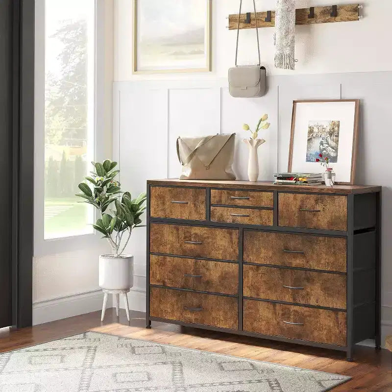 Acekool Commode à 10 tiroirs Meuble TV pour téléviseur 55 pouces, Unité de rangement pour chambre ou salon, Noir