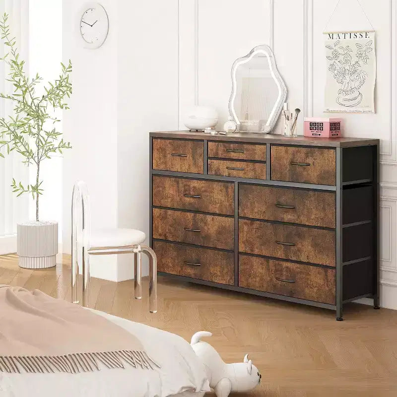 Acekool Commode à 10 tiroirs Meuble TV pour téléviseur 55 pouces, Unité de rangement pour chambre ou salon, Noir
