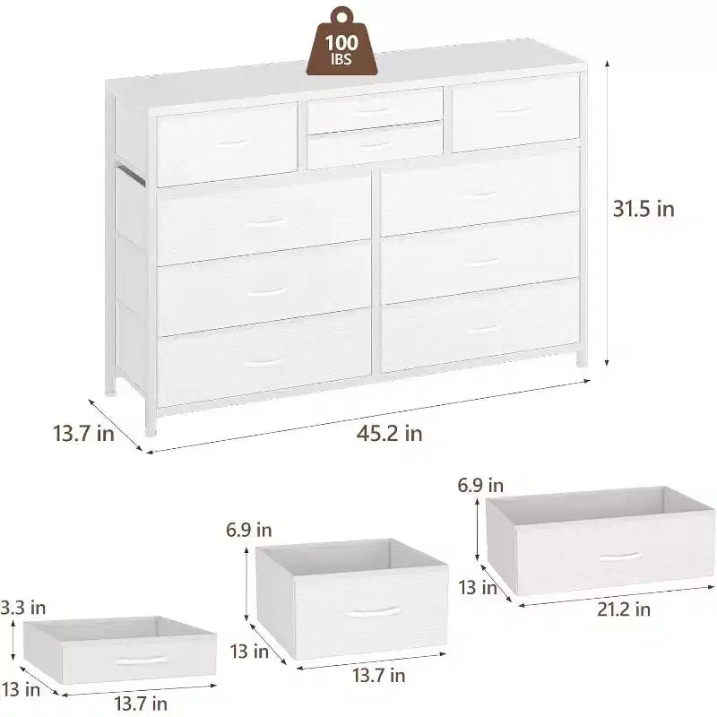 Acekool Commode à 10 tiroirs Meuble TV pour téléviseur 55 pouces, Unité de rangement pour chambre ou salon, Noir