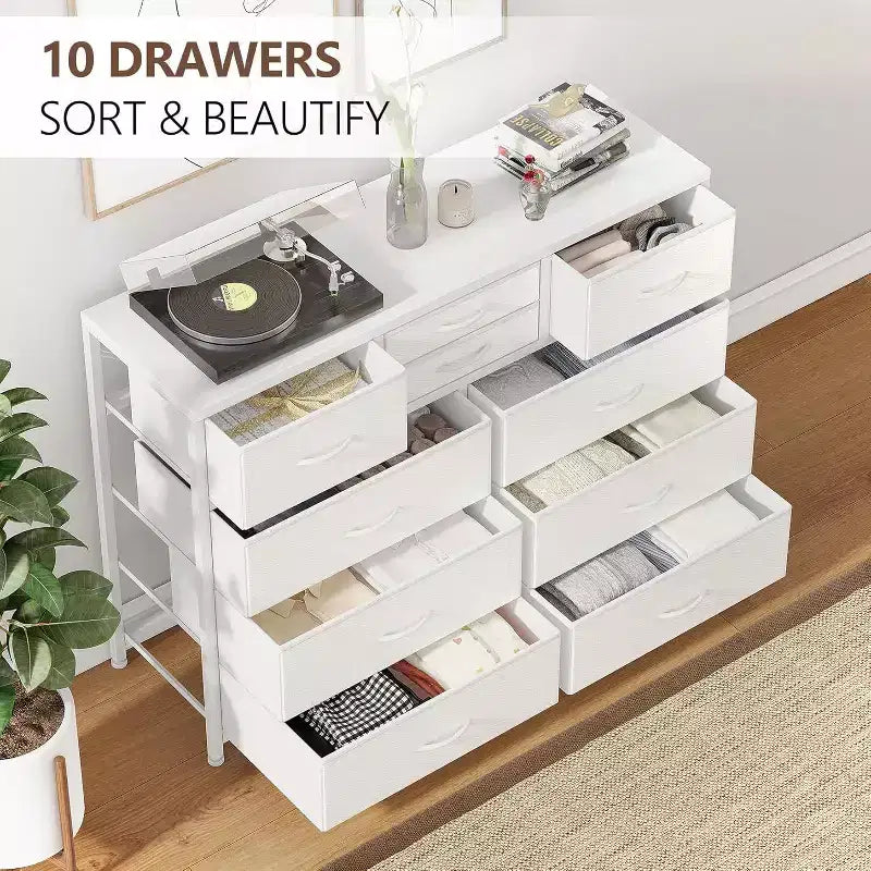 Acekool Commode à 10 tiroirs Meuble TV pour téléviseur 55 pouces, Unité de rangement pour chambre ou salon, Noir