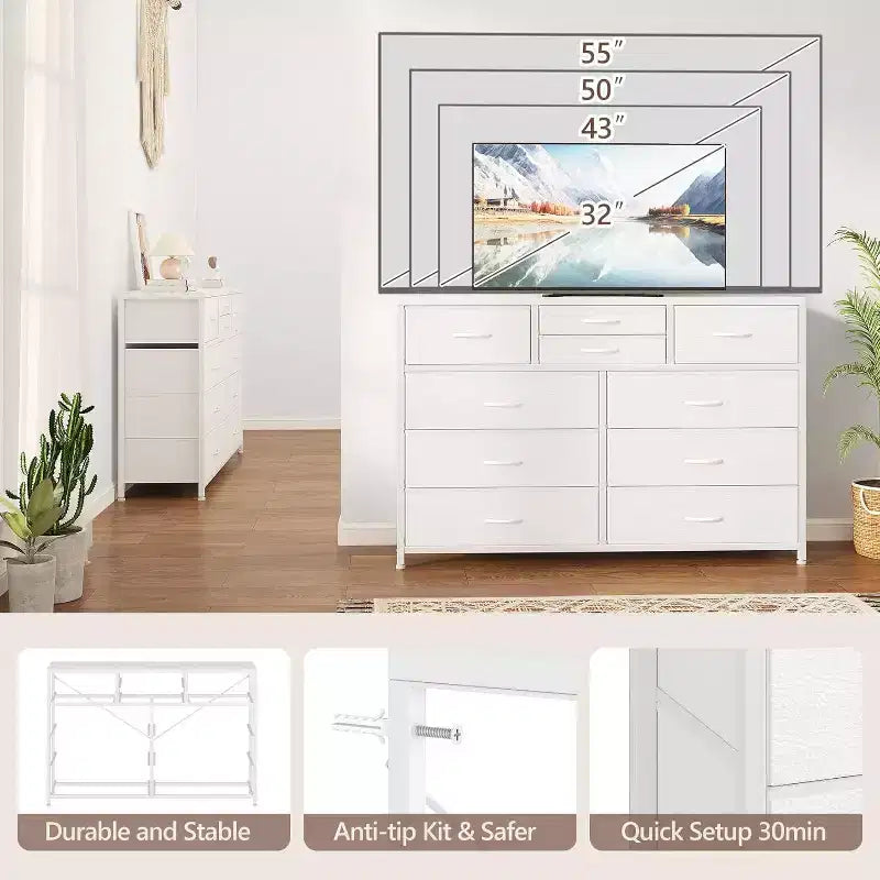 Acekool Commode à 10 tiroirs Meuble TV pour téléviseur 55 pouces, Unité de rangement pour chambre ou salon, Noir
