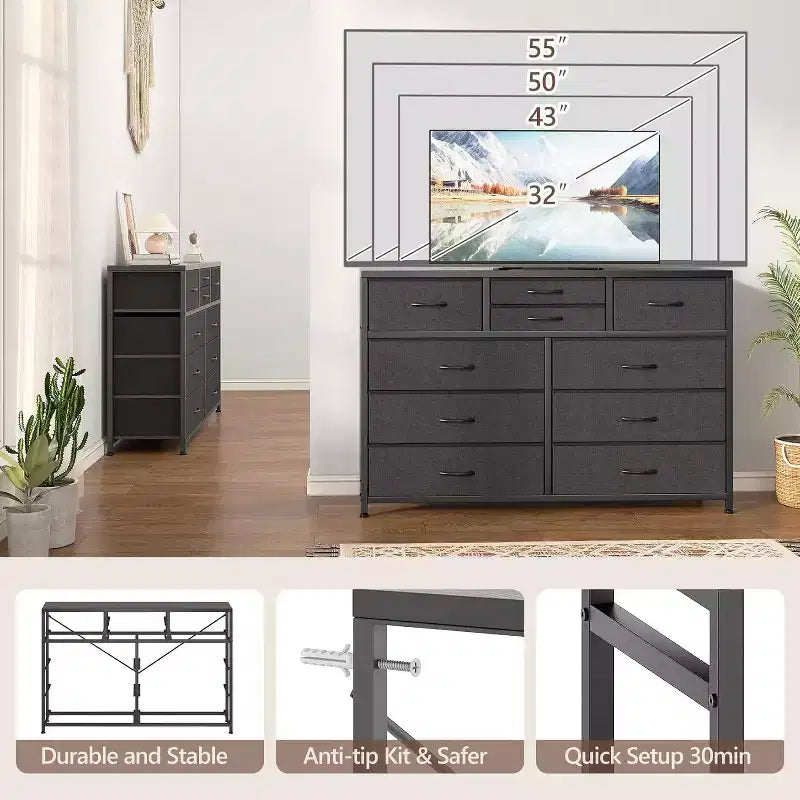 Acekool Commode à 10 tiroirs Meuble TV pour téléviseur 55 pouces, Unité de rangement pour chambre ou salon, Noir