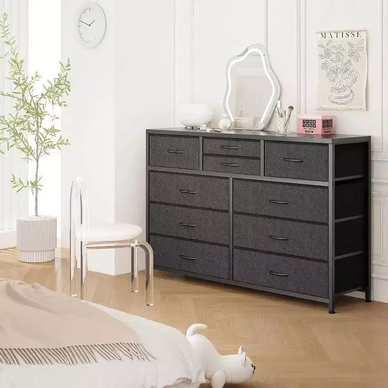 Acekool Commode à 10 tiroirs Meuble TV pour téléviseur 55 pouces, Unité de rangement pour chambre ou salon, Noir