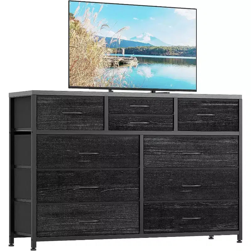 Acekool Commode à 10 tiroirs Meuble TV pour téléviseur 55 pouces, Unité de rangement pour chambre ou salon, Noir