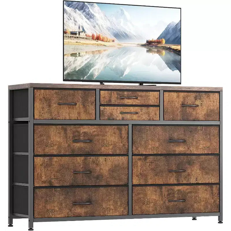 Acekool Commode à 10 tiroirs Meuble TV pour téléviseur 55 pouces, Unité de rangement pour chambre ou salon, Noir