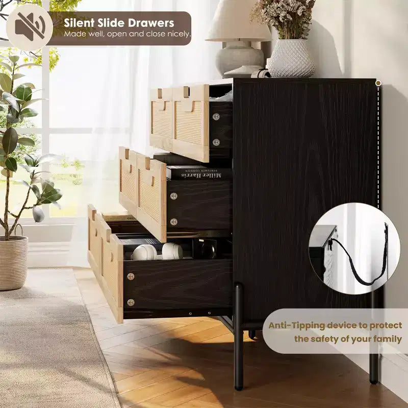 Commode haute Whizmax à 6 tiroirs pour chambre, organisateur de rangement en rotin pour placard, salon, couloir, entrée
