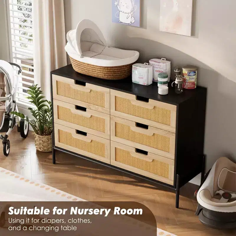 Commode haute Whizmax à 6 tiroirs pour chambre, organisateur de rangement en rotin pour placard, salon, couloir, entrée