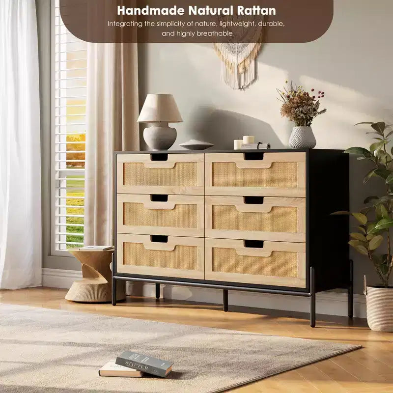 Commode haute Whizmax à 6 tiroirs pour chambre, organisateur de rangement en rotin pour placard, salon, couloir, entrée