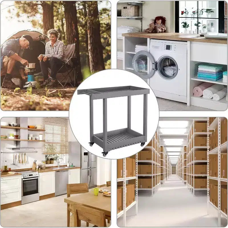 Chariot utilitaire à 2 niveaux avec 4 roues directrices à 360° et 2 freins, capacité de 450 kg, pour la maison, le bureau, l'entrepôt, la cafétéria, le nettoyage