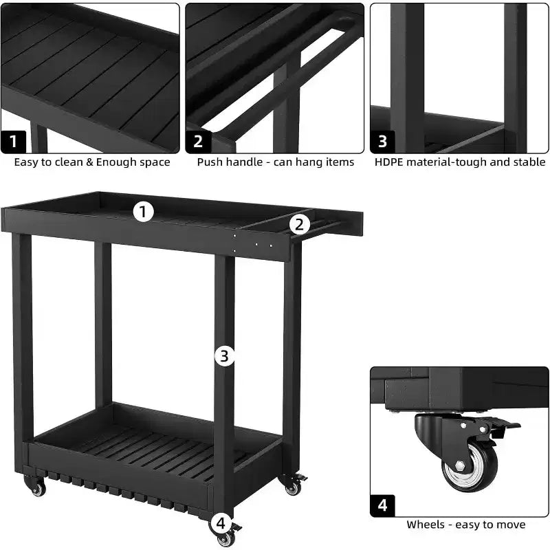 Chariot utilitaire à 2 niveaux avec 4 roues directrices à 360° et 2 freins, capacité de 450 kg, pour la maison, le bureau, l'entrepôt, la cafétéria, le nettoyage