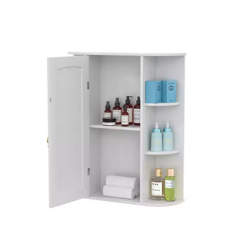 Meuble de rangement de salle de bain VECELO avec miroir, armoire à pharmacie murale avec porte et 6 étagères ouvertes, étagère intérieure réglable, blanc